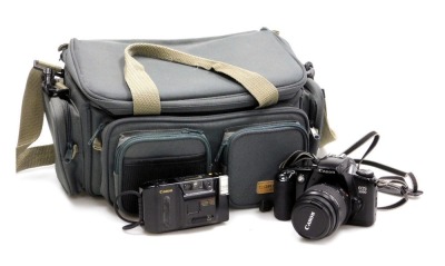 A Canon EOS 3000 camera, and a Canon Auto Focus Sprint camera, with camera bag.