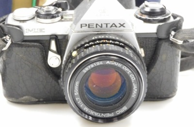 A Pentax ME camera, Praktica 1600A flash, Nikon D40X camera, with additional lenses, both with carry cases. - 2