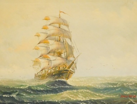 James Webb (British, 20thC). Three masted sailing ship, on a choppy sea, with gulls, oil on canvas, signed, 28cm x 35.5cm.