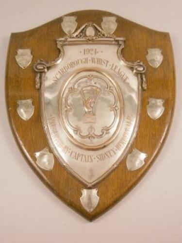 An oak presentation plaque with silver plated mounts for the Scarborough Whist league