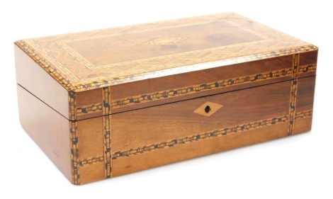 A Victorian Tunbridge ware walnut writing slope with marquetry inlay, the hinged lid opening to reveal a fitted interior, 13cm high, 35cm wide, 21cm deep.