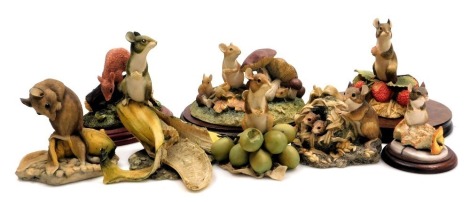 Seven Border Fine Arts sculptures of mice, including Mouse and Apple Core, Happy Days, and Family Life WW16, some with stands, together with a further figural sculpture of a mouse. (8)