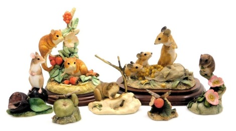 Three Border Fine Art sculpture of mice, including Autumn Hedgerow, together with Hard Times (Vole), Teviotdale figure of a mouse, and two Border Fine Arts sculptures of butterflies. (7)