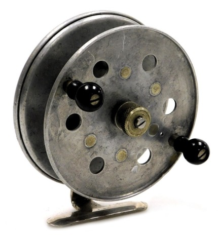 An Allcocks aluminium centre pin sea fishing reel, 11cm diameter.