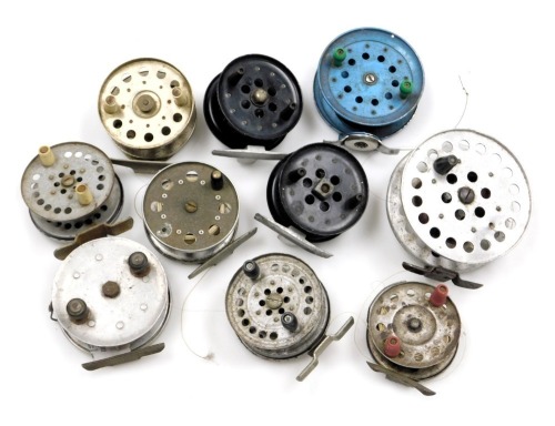 Ten various metal centre pin fishing reels, various sizes.