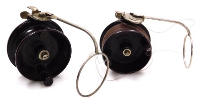 Two Charles Alvey Bakelite side caster fishing reels, one model 35, patent number 36173, the other model 40, patent number 222070. - 2