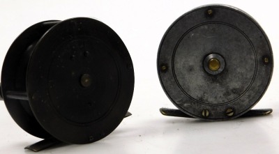 Two early 20thC fishing reel winches, one brass reel stamped Made in England, 6.5cm diameter, the other reel with brass and alloy, 6.5cm diamter. (2) - 2