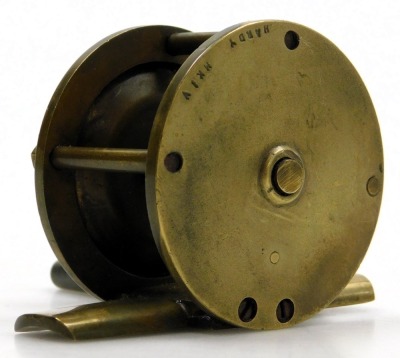 A Hardy mark 4 brass fishing winch reel, 10cm diameter. - 2