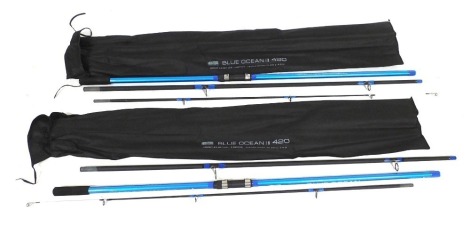 A pair of Blue Ocean 420 beach caster fishing rods, 420cm (14'), 3 sections, 3-9oz, with original bags, as new and unused.