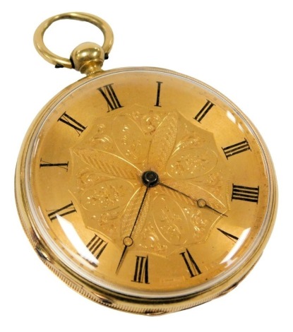 A late 19thC Symons gold plated pocket watch, open faced, key wind, circular dial bearing Roman numerals, and engraved floral and foliate decoration, Swiss movement, in a case with engine turned decoration.