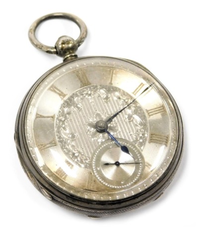 A Victorian gentleman's silver pocket watch, open face, key wind, floral engraved circular dial, with chapter ring bearing Roman numerals, subsidiary seconds dial, movement by Grinberg Reichman of 6 Western Road Brighton, number 48677, the case with engin