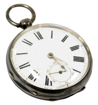 A Victorian gentleman's silver cased pocket watch, open face, key wind, circular enamel dial bearing Roman numerals, subsidiary seconds dial, Waltham movement, number 2115481, with silver cuvette and outer case with vacant shield and garter reserve, Birmi