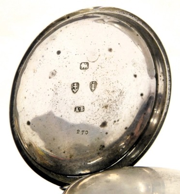 A Victorian gentleman's silver cased pocket watch, open face, key wind, circular enamel dial bearing Roman numerals, subsidiary seconds dial, Waltham movement, number 2115481, with silver cuvette and outer case with vacant shield and garter reserve, Birmi - 3