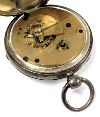 A Victorian gentleman's silver cased pocket watch, open face, key wind, circular enamel dial bearing Roman numerals, subsidiary seconds dial, Waltham movement, number 2115481, with silver cuvette and outer case with vacant shield and garter reserve, Birmi - 4