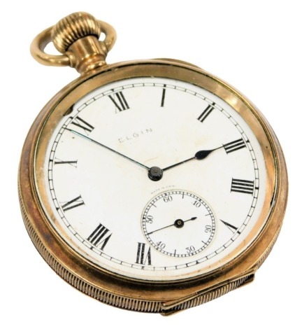 An Elgin gentleman's gold plated pocket watch, open face, key wind, circular enamel dial bearing Roman numerals, subsidiary seconds dial, seven jewel movement, number 27927347, the case with engine turned decoration, vacant shield and garter reserve.