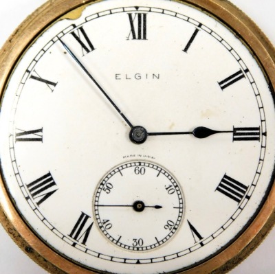 An Elgin gentleman's gold plated pocket watch, open face, key wind, circular enamel dial bearing Roman numerals, subsidiary seconds dial, seven jewel movement, number 27927347, the case with engine turned decoration, vacant shield and garter reserve. - 2