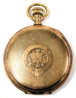 An Elgin gentleman's gold plated pocket watch, open face, key wind, circular enamel dial bearing Roman numerals, subsidiary seconds dial, seven jewel movement, number 27927347, the case with engine turned decoration, vacant shield and garter reserve. - 6