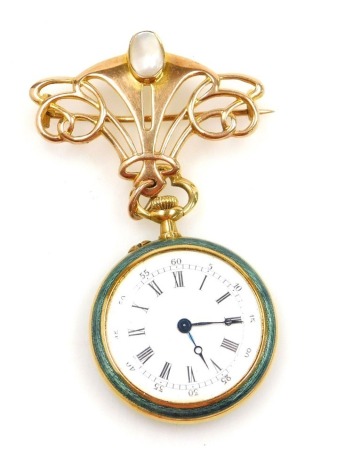 A Le Coultre & Co. lady's guilloche enamel pocket watch, open face, keyless wind, circular enamel dial bearing Roman numerals, the case back overlaid in white metal, set with white stones, attached to a 9ct gold and blister pearl set brooch marked 9ct and