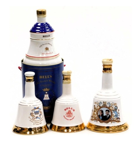 A Bell's Old Scotch Whisky decanter, commemorating the birth of Her Royal Highness Princess Beatrice, 8th August 1988, cased, decanter for the marriage of Prince Andrew to Miss Sarah Ferguson 1986, both 75cl, and two 50cl Bell's decanters commemorating th