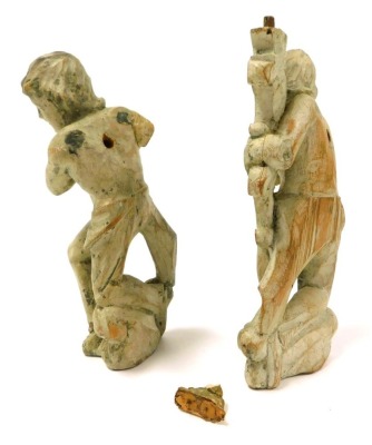 A pair of 17thC cream painted pine furniture appliques, modelled as putti, 22cm high. - 3