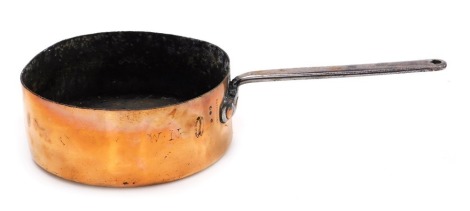 A Victorian More's & Lucca copper saucepan, with a metal handle, engraved W.N., and Mayflower, 28cm wide.