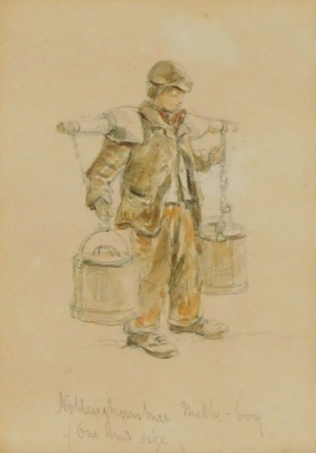 Attributed to James Orrock, R.I., R.O.I., (Scottish, 1829-1913). Nottinghamshire Milk-boy, charcoal and watercolour, attributed verso, 14.5cm x 9.5cm.