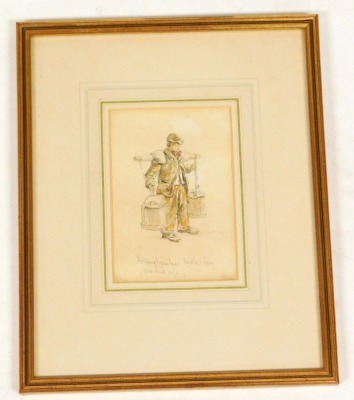 Attributed to James Orrock, R.I., R.O.I., (Scottish, 1829-1913). Nottinghamshire Milk-boy, charcoal and watercolour, attributed verso, 14.5cm x 9.5cm. - 2