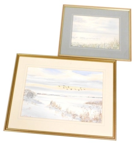 Jenny Caine (British, 20th/21stC). Wild geese over snow fields, watercolour, signed, dated '92, 35.5cm, x 53cm, together with coastal landscape, watercolour, signed, dated '88, 26.5cm x 35.5cm. (2)