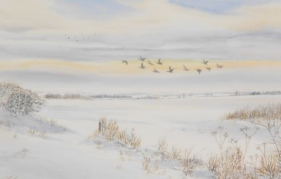 Jenny Caine (British, 20th/21stC). Wild geese over snow fields, watercolour, signed, dated '92, 35.5cm, x 53cm, together with coastal landscape, watercolour, signed, dated '88, 26.5cm x 35.5cm. (2) - 4