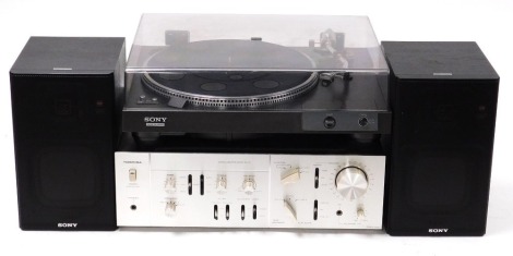 A Toshiba stereo amplifier, model SB-420, a Sony Direct Drive stereo turntable system, PS-X4, and a pair of speakers, model APM-404A. (4)