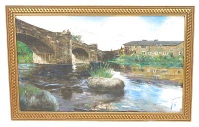 English School (20thC). Country landscape with a bridge over a river, oil on canvas, signed indistinctly, dated '76, 89cm x 153cm. - 2