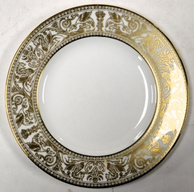 A Wedgwood porcelain Gold Florentine pattern part dinner service, comprising a pair of graduated meat platters, pair of vegetable tureens and covers, sauce boat, two dinner, thirteen dessert, five side plates, and a biscuit plate, together with eight furt - 2