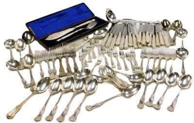 A group of silver plated King's pattern flatware, together with a pair of silver plated fish servers with mother of pearl handles, cased.