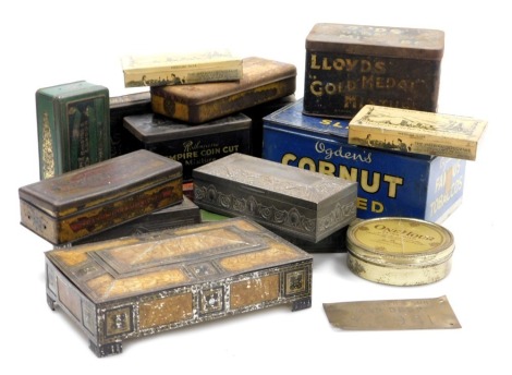 A group of early 20thC vintage tobacco and cigarette tins, including Players Navy Cut, Thunderclouds, Ogden's Famous Tobaccos, Lloyd's "Top Mast" Brown Navy Flake, and Balkan Sobranie Turkish Cigarettes. (a quantity)