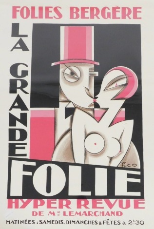 After Maurice Picaud (Pico), a copy of the poster for the Folies Bergere La Grande Folie Hyper Revue de Mr Lemarchand, 100cm x 69cm.