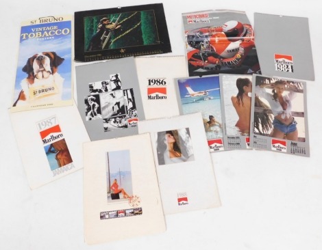 A group of cigarette related calendars, glamour and motor racing related, for Marlbro Cigarettes, together with a JPS calendar, and a St Bruno poster calendar. (a quantity)