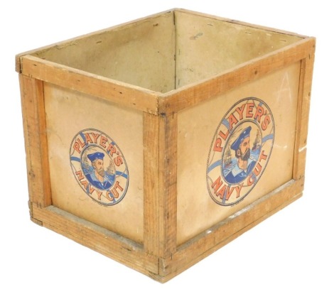 An early 20thC wooden crate, advertising Player's Navy Cut Cigarettes, with a label for John Player and Sons to one side, 39cm high, 50cm wide, 40cm deep.