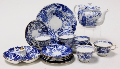 A Royal Crown Derby porcelain Mikado pattern part tea service, comprising tea pot, four tea cups, further cup, saucers, and a tea plate, together with an oval dish, soup plate, and a three section hors d'oeouvres dish. (qty)