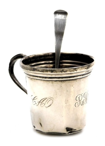 A George VI silver christening cup, monogram engraved, Birmingham 1947, together with a Georgian silver teaspoon, 2.39oz.