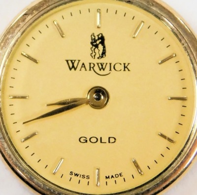 A Warwick lady's 9ct gold cased wristwatch, circular champagne dial, on a three bar bracelet strap, 12.1g all in. - 2