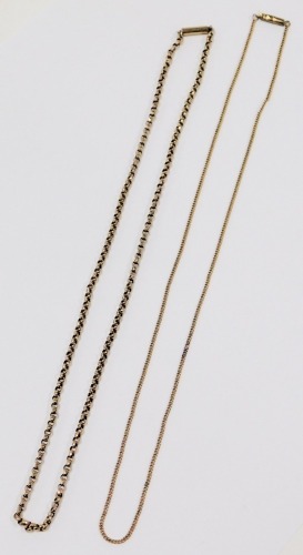 A belcher link neck chain, on a snap clasp, stamped 9ct, and a fine curb link chain on a snap clasp, stamped 9ct, 8.1g.