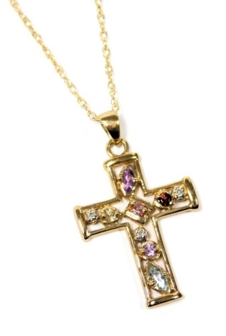 A 9ct gold and gem set "The Heavenly Jewels" gold cross", on chain, with bolt ring clasp, with certificate, 2.9g.