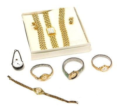 A Le Chat lady's dress suite of jewellery, comprising a wristwatch, necklace, bracelet and pair of earrings, an early 20thC chatelaine watch, open face, keyless wind, and four Ingersoll and other lady's dress wristwatches.