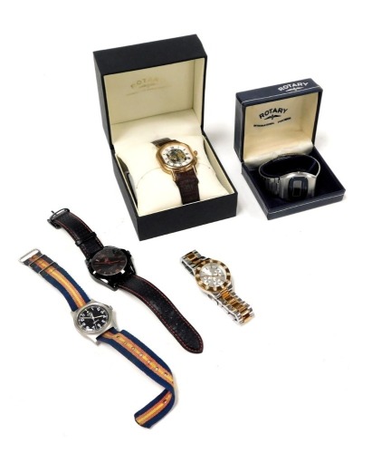 A Rotary gentleman's dress wristwatch, with movement exposed dial, and chapter ring bearing Roman numerals, centre seconds, clockwork movement, on a leather strap, boxed, a Rotary quartz wristwatch, and three further dress wristwatches. (5)