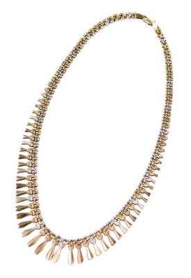 A 9ct three colour gold fringe necklace, on a lobster claw clasp, 15.3g.