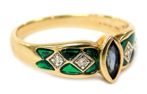 A 14ct gold diamond and green enamel "The Jewels of Spring" ring, for Brooks and Bentley, with certificate, size O, 2.9g.