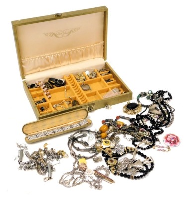 Silver and costume jewellery, including cufflinks, earrings, brooches, a paste set bracelet, and necklace, in a jewellery box and loose.