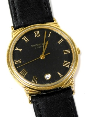 A Raymond Weil gentleman's gold plated wristwatch, black dial bearing Roman numerals, centre seconds, date aperture, stainless steel back, number 5542, on a leather strap.