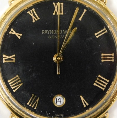 A Raymond Weil gentleman's gold plated wristwatch, black dial bearing Roman numerals, centre seconds, date aperture, stainless steel back, number 5542, on a leather strap. - 2