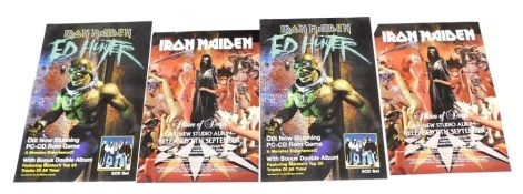 Four Iron Maiden record shop posters, that were never used, Dance of Death 2003, LP release and tour dates (2), and Ed Hunter 1999, game and LP release. (x2)